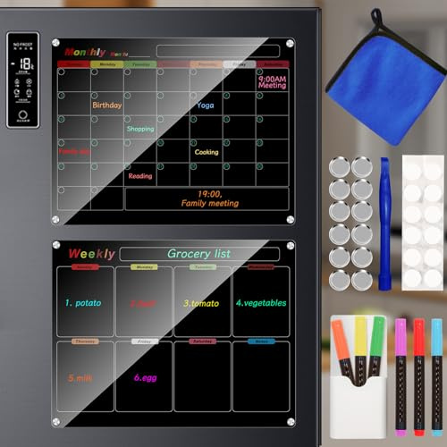 Acryl magnetischer Kalender für Kühlschrank, 2-Pack 40x30cm/16x12inch schwarz Kühlschrank Kalender, Trocken Erase Planungsbretter, Monatsplaner und Wochenplaner