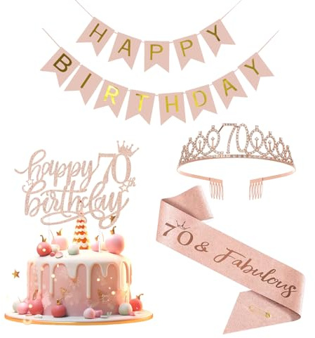 Iridsmole Rose Gold 70th Birthday Decorations: Sash, Tiara, Banner & Cake Topper