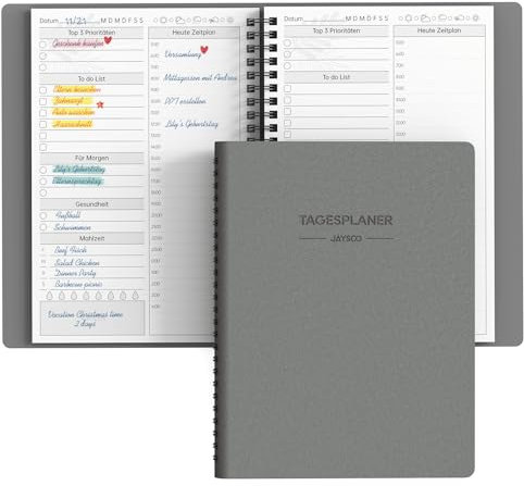 JAYSOO® Tagesplaner,undatierter Terminplaner mit 24 Stunden Zeitplan, To do list usw., 132 Seiten/66 Blatt 155x215mm Soft Cover Coil Tagesplanung für Arbeit, Lernen und Familienplan - Grau