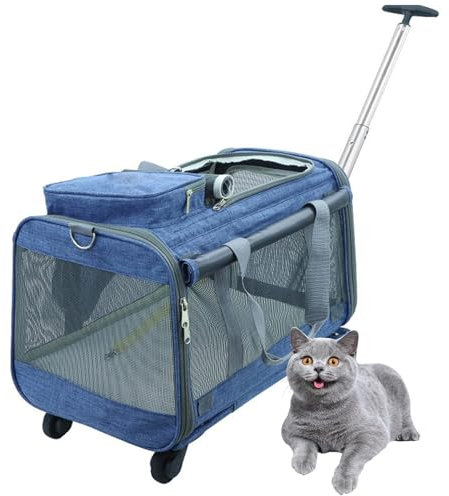 PJDDP Transportbox Katze Für Kleine Und Mittelgroße Hunde Und Katzen Haustiere Bis 9Kg, Reisetasche Mit Rollen & Teleskopgriff, Transportbox Für Kleintiere,Blau