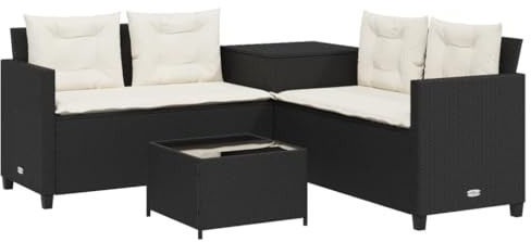 vidaXL Trädgårdssoffa med bord och dynor L-formad svart konstrotting, utesoffa, trädgårdsmöbler, konstrotting trädgårdssoffa, trädgårdssittplatser
