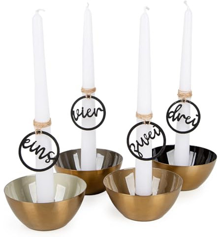 Logbuch-Verlag Adventskranz Weihnachten Geschenk Frau Metall mit Vier Kerzen und Adventszahlen aus Holz 1 2 3 4 Gold weiß schwarz