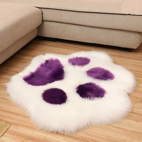 YUGWNN Niedlicher Teppich Katzenpfoten,Faux Lammfell Schaffell Teppich,Weicher Fell Carpet,Bettvorleger Waschbarer Teppich Hochflor Shaggy,60x51cm/23.6x20in,Weiß Lila