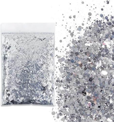 SHUOHONG 100g Glitter, Bene Brillantini Viso, 3 Taglie Miste Brillantini Unghie, Lucido Paillettes, Brillantini per Capelli, Glitter Corpo per Musica, Feste, Trucco del Festival (Argento Lampo)