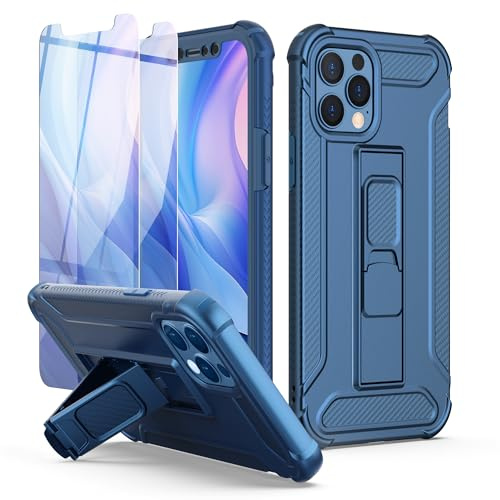 ORETECH for iPhone 12 Case, Built-in Kickstand Phone Holder - Yellow | 2 x Tempered Glass Screen Protectors, Heavy Duty Military Grade Drop Shockproof Protection