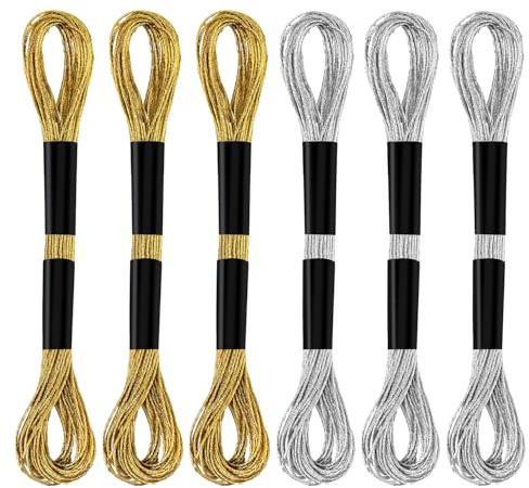6 Härvor Broderitrådar, Metallisk Broderitråd Vänskapsarmband Korsstygnstråd för Sömnad Tillverkning Garnhantverk Snöre Konsttillbehör (Guld + Silver)