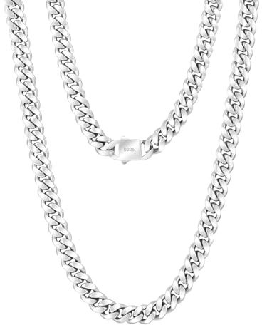 KRKC&CO 8mm Panzerkette, Versilberte Cuban Link Chain, Edelstahl Panzerkette Herren Silber Kubanische Gliederkette, Herren Silberketten Hip Hop Kette für Männer Jungen Größe 56cm