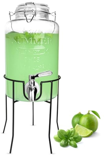 Sendez 3L Getränkespender mit Zapfhahn aus Edelstahl, Glasdeckel & Metall-Ständer – Glas Dispenser für Wasser, Limonade, Eistee & Cocktails – Getränkebehälter mit Bügelverschluss & Gummidichtung