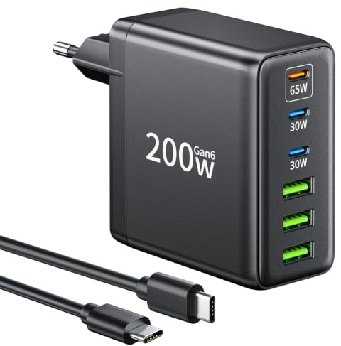 FNITAER 200W USB C Ladegerät, 6 Port Schnellladegerät mit 3 USBC und 3 USBA, GaN Mehrfach Netzteil, PD Charger für MacBook iPad Pro/Air, iPhone 17/16 Series, Samsung usw.