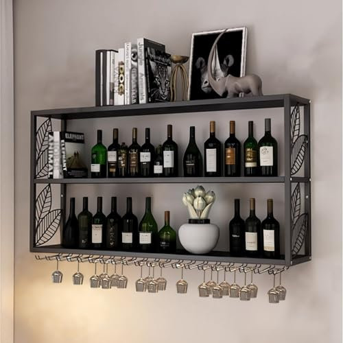Portabottiglie da Parete Metallo,Scaffale A Muro per Vino con Supporto in Vetro E Portabicchieri,Scaffale Galleggiante per Vino E Champagne per Cucina, Bar E Cantina(70cm/27.5in)