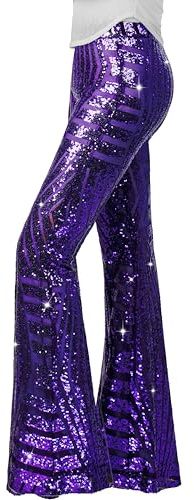 Nawgut Damenhose mit glitzernden Pailletten, ausgestellt, hoher Bund, weites Bein, Partyhose