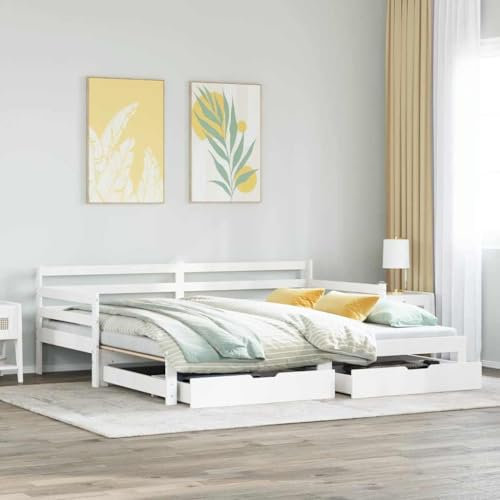 MOBCANT Tagesbett Ausziehbar mit Schubladen, Futonbett Bettstütze Doppelbett Hausbett Geeignet für Hotel Schulen Wohnungen Schlafzimmer ohne Matratze Weiß 90x200cm