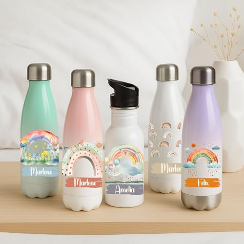 wolga-kreativ Edelstahl Kinderflasche personalisiert 500ml – Regenbogen Motiv mit Namen – Thermoflasche oder Strohhalm – Auslaufsicher BPA-frei – Kita Schule Geschenk Mädchen Junge