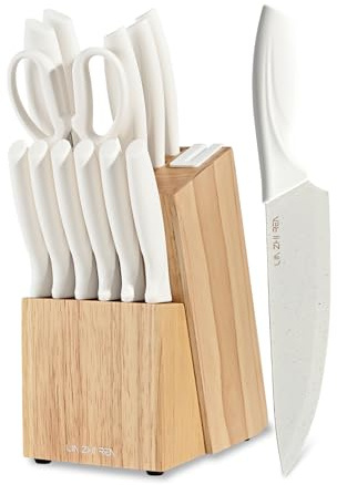 LIN ZHI REN Knife Set with Block, 15 Pieces Kitchen Knife Set, Kitchen Knives for Chopping, Slicing, Dicing, Dishwasher-Safe, Built-in Sharpener, White