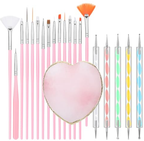 Nail Art Brush 21 Piece Set Nail-Art Design Tools: 15pcs Painting Brushes Set, 5pcs 2-Way Acrylic Silicone Engraving Pen, Resin Nail-Art Palette for Nail Art DIY (Pink)