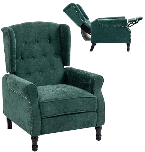 HOMCOM Recliner Armchair, Vintage Reclining Chair with Nail Head Trim, Wingback Chair with Button Tufted Back and Footrest, for Living Room, Dark Green