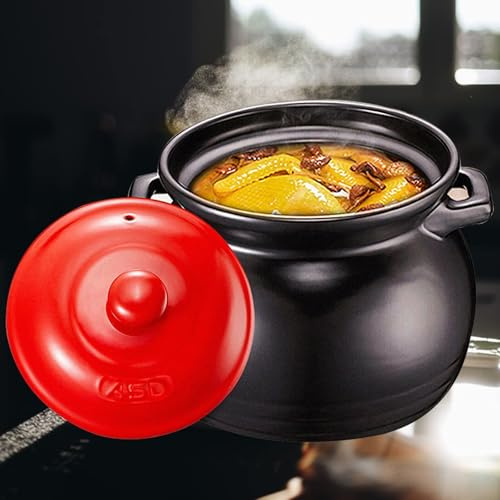 Cocotte en Terre Cuite avec Couvercle, faitout de 4,6 L, soupière en Argile, Facile à Nettoyer, Batterie de Cuisine en céramique résistante à la Chaleur, Noire