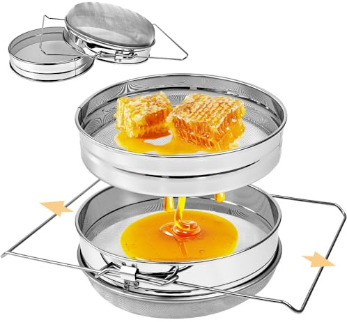 Huucozn Honigsieb mit Doppelsieb Edelstahl 24 cm Durchmesser Spitzsieb Honig sieb Netzfilter Edelstahl-Maschensieb Bienenzucht Extraktionswerkzeuge mit Verstellbaren Griffen für Sauberen Honig