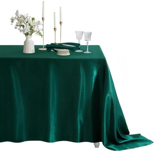 Chickwin Nappe en Satin Rectangulaire, Nappe d'Intérieur Doux Brillant Lavable pour Mariage, Décoration de Table, Jardin, Fête, Anniversaire, Noël, Conférences, Foires (Vert foncé,152 x 305 cm)