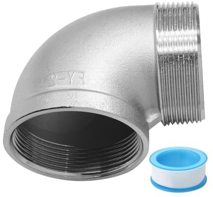 Heavy Duty 2 Inch Male to Female 90 Degree Elbow Cast Pipe Fitting with Thread Seal Tape for Plumbing Systems Use High Pressure Stainless Metal Pipe Elbow Fitting