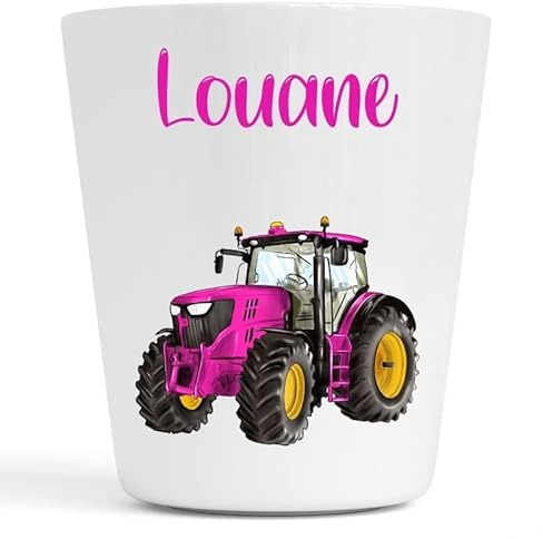 Générique Gobelet en Plastique pour Enfants | Gobelet Personnalisé avec Nom |Verre Plastique Incassable Personnalisé motif Tracteur, grue pâques et moto (Tracteur Rose Louane)
