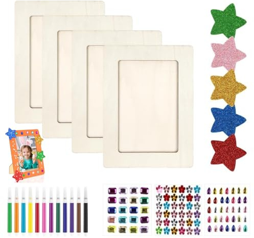 Frdelma DIY Bilderrahmen Bastelset Bemalen Kinder,Bilderrahmen Holz Set Fotorahmen Bastelset Aus Holz mit Glitzersteinen, Selbstklebend Moosgummi Sticker, und 12-Farben-Pinsel