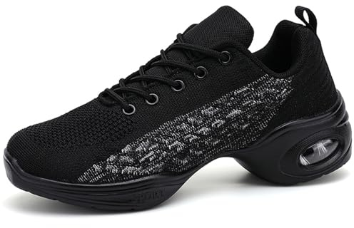 Hiuzylqx Damdansskor, Lätta, Andningsbara Jazzdansskor Snörskor Med Kudde Mesh Platåsneakers,Black,41 EU