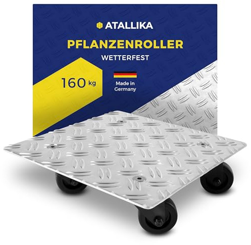 ATALLIKA® Pflanzenroller eckig aus Alu-Riffelblech [40x40 cm] - Rollbrett mit Feststellbremsen für Pflanzen- & Blumenkübel [bis 160 kg] - rutschhemmend & wetterfest [für Outdoor & Indoor]