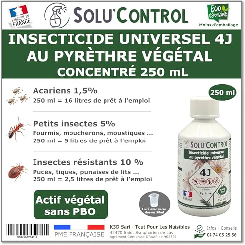Solu’Control Insecticide Végétal 4J Concentré 250 mL – Actifs 100% végétaux, pyréthrines naturelles & huiles essentielles – Acariens, fourmis, puces, cafards, punaises de lit – Fabriqué en France