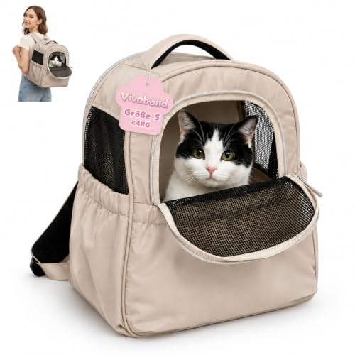 Vivabond KatzenRucksack HundeRucksack für Kleine Haustiere bis 4 kg - Atmungsaktive & Faltbare Hundetasche, Tragbare und Leichte Katzentasche, mit Netzfenster Haustier Transportboxen (Beige)