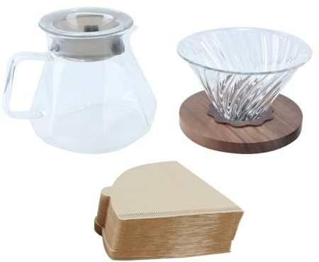 Gutol Cafetera de vidrio borosilicato de 600 ml con 100 filtros de papel tamaño 02, mango de nogal y tapa de vidrio, 600 ml, transparente