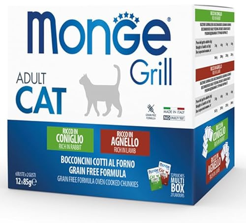 Monge Grill Multipack Buste per Gatti Adulti, Ricco in Coniglio e Agnello, Grain Free, 12 bustine da 85 g