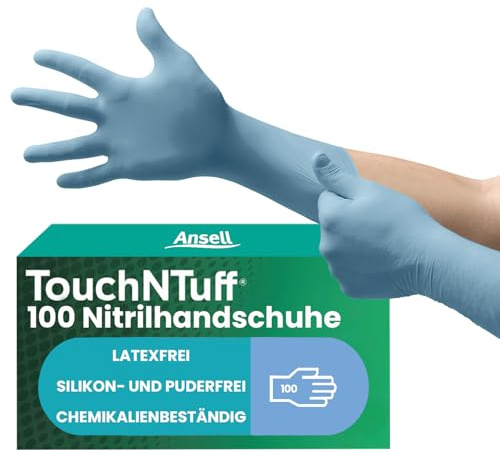 Ansell TouchNTuff 92-665 Guantes Nitrilo Desechables, Protección contra Salpicaduras Químicas, Guantes Trabajo Industrial, Guantes Desechables Sin Polvo y Sin Latex, Azul, Talla XL (100 Guantes)