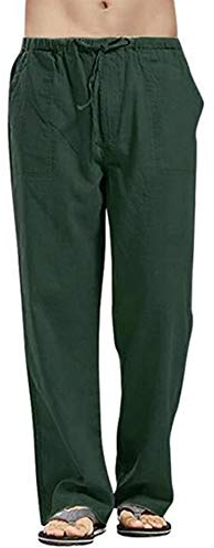 VANVENE Pantalones de lino para hombre, informales, holgados, ligeros, con cintura elástica, para verano, yoga, playa, verde oscuro, XL