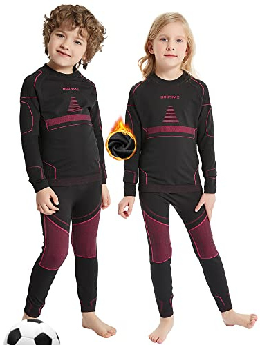 NOOYME Funktionsunderställ för barn, skid-, termo- och sportunderställ som är ventilerande och hudvänligt, för fotboll, Svart-rosa, (128/134) 130-135cm