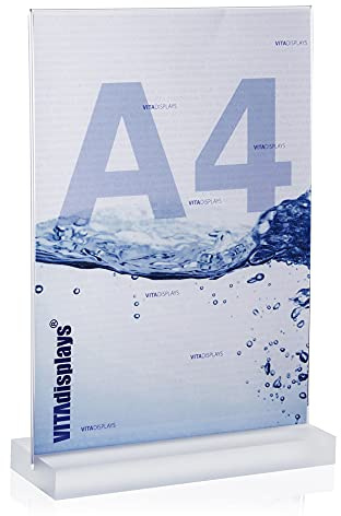 VITAdisplays 2 Stück DIN A4 Werbeaufsteller mit massiver, satinierter PLEXIGLAS Basis, T-Ständer, T-Aufsteller als Tischaufsteller