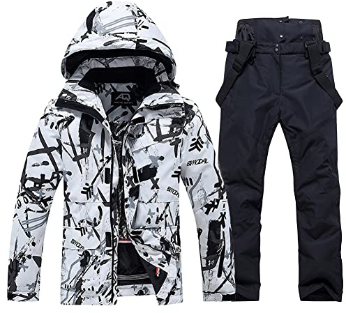 WOWULOVELY Men's Winter Snowsuit Waterproof Windproof Mountain Jacket and Pant Sets Insulated Snowboarding Skisuit (BBW,Black XL)