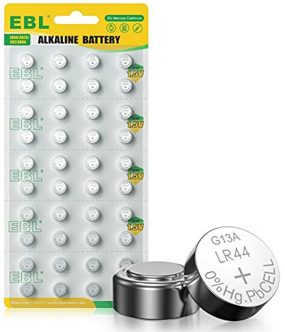 EBL LR44 Batteries - 40 Packs AG13 LR44 Button Cell Batteries, 1.5V Alkaline Coin Battery for Watch, Hearing Aids, Glucometers, Key Fobs, Car Keys and Small Electronics