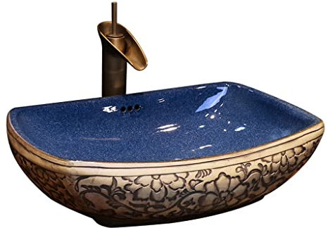 ENGENDER Lavandino del Bagno Lavabo da Bagno Lavabo Rettangolare in Ceramica Lavabo da appoggio Vintage Art Lavandino da appoggio con Rubinetto Lavelli da Bagno
