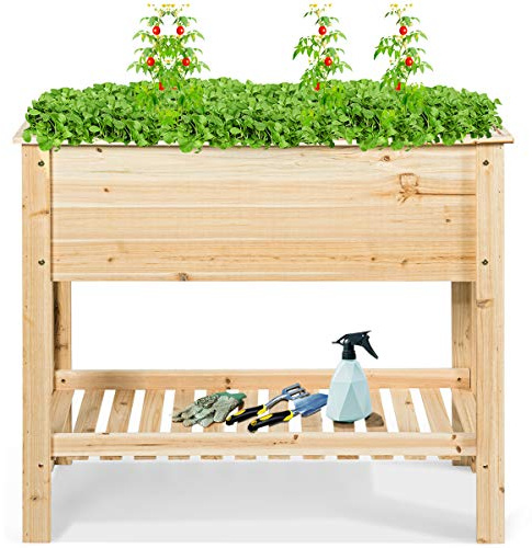 GOPLUS Carré Potager sur Pieds, Lit Surélevé de Jardin en Bois avec Étagère pour Légumes, Herbes, Fleurs, pour Jardin, Terrasse, Balcon, Charge 80kg(91,5 x 40,5 x 80,5 CM)