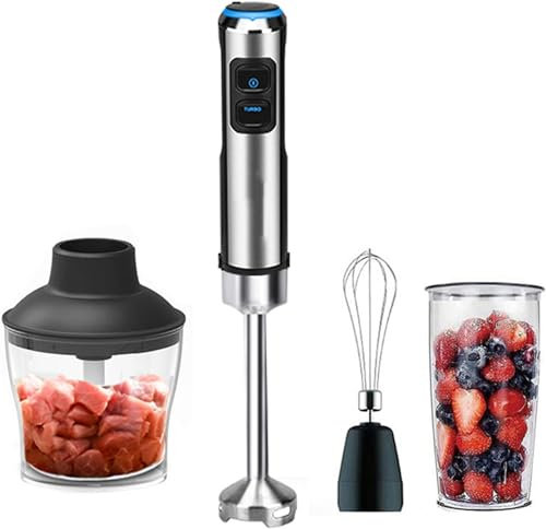 4 In 1 Hand Blender Stainless Steel Immersion Blender 6 Speed+Turbo Electric Hand Stick Blender with 650ml Chopping Bowl,800ml Blending Beaker and Whisk