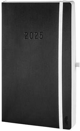 Chronoplan 50945 bokkalender kalendarium 2025 (möteskalender A5 (135 x 210 mm) med mjukt lock, dagsplanerare, 1 dag på 1 sida, med flexibel pennslinga, märkningstejp, gummilås) svart