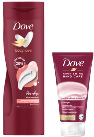 Dove Body Love Pro Age Body Lotion Improves elasticity & suppleness from 1st use & moisturiser for more elastic skin 400 ml & Dove Nourishing Hand Care Pro Age Hand Cream 75ml