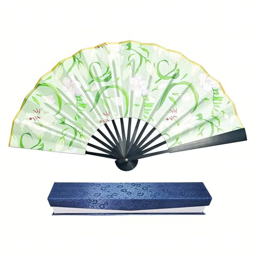 yozhch Folding Hand Fan, Chinese-Style Paper Fan Handheld, Black Border Bamboo Fan, Golden Silk Lining Gift Box Package, Church Wedding Wall Decoration, Party Favor (Orchid)
