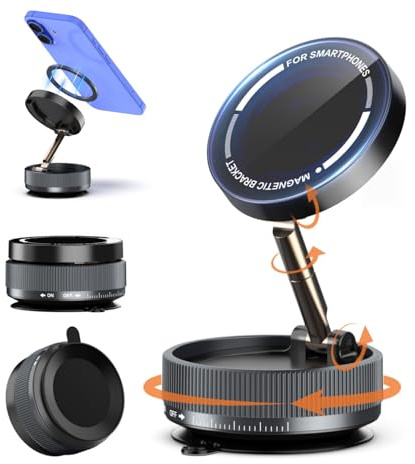 HuiJuKeJi Vacuum Magnetic Phone Holder, Foldable Suction Cup Phone Mount 360° Adjustable Magnetic Phone Holder for Car Gym Kitchen Bathroom Desktop