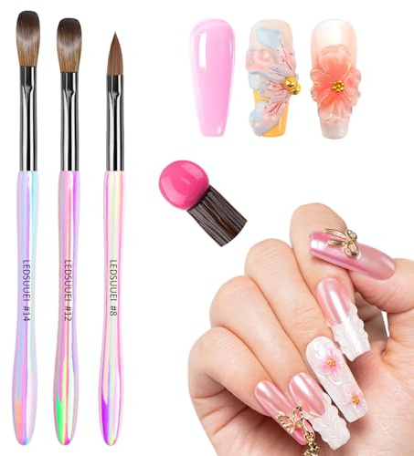 LEDSUUEI Pincel de acrílico para uñas -Tamaño 8/12/14 Kolinsky pincel para polvo acrílico, pincel de nail art para uñas de gel, pincel de acrílico líquido para uñas para el estudio de uñas profesional