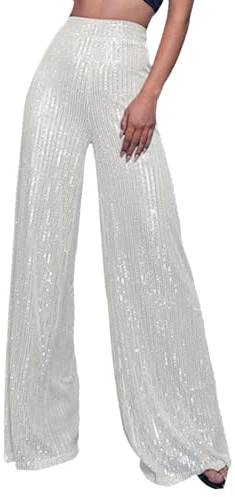 Frauen Pailletten Breites Bein Hosen Hohe Taille Glitter Hosen Elastische Lose Flare Bell Bottom Glänzende Hose Elegant Freizeithose High Waist Pailettenhose Disco Mode Pants Vintage (A-White, L)
