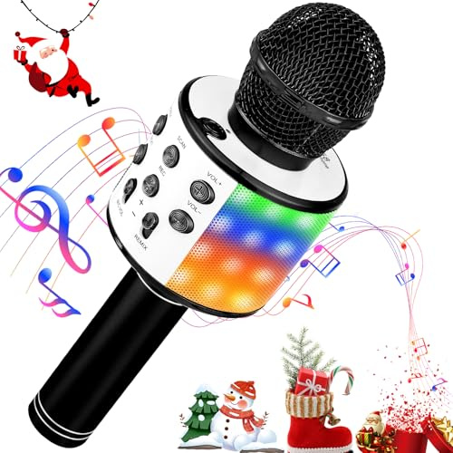 Micrófono Karaoke Bluetooth,Microfono Inalámbrico Karaoke con Altavoz y LED,Micrófono Portátil para Niños Canta Partido Musica,Dinámicos Juguetes para Niña,Soporte Youtube, Android/iOS/PC/A (Negro)