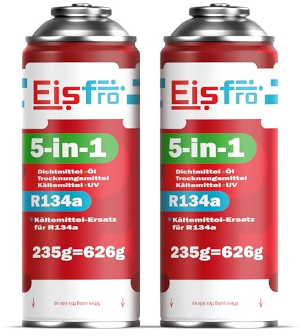 Eisfro 5 en 1 – 2X refrigerante sustituto R134a de 235 g para Aire Acondicionado de Coche con Aceite, sellador de Fugas, trazador UV y deshidratante – Protege el compresor