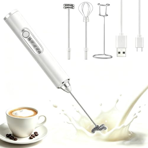 Wendict Espumador de Leche Eléctrico, Espumador de leche, con Soporte Acero Inoxidable, Espumador de Leche USB para Cappuccino, Batidos de Proteína en Polvo, Matcha (Blanco)